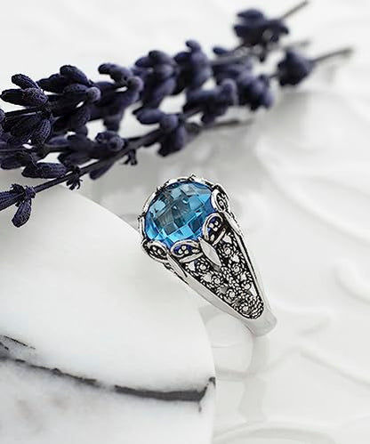 Filigranist 925 Sterling Silver Filigree Art Women Mini Dome Cocktail Ring with Gemstone, Gift Boxed - color: Blue Topaz