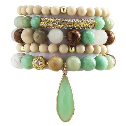 Yomisa Boho Beaded Bracelets/Bangle for Women,Multilayer 5/6/7PCS Healing Natural Handmade Stone Bead Bracelets Stackable Stretch Friendship Beaded Bracelet Set Trendy Western Bohemian Jewelry Gift - color: 5pcs-Beige&green
