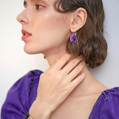 14K Gold Teardrop Crystal Leverback Earrings Sparkly Rhinestone Water Droplet Dangle Drop Earrings For Women - color: Dark Purple