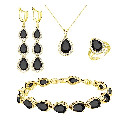 LMXXVJ Necklace Long Earrings Bracelet Set, White Gold Plated Created Blue Sapphire Jewelry Set Wedding Party Gift Jewelry for Women Bridal Bridesmaid - color: Gold-Black Ring