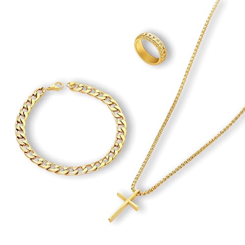 3-Piece Cross Pendant Necklaces Bracelets Rings Jewelry Sets for Men Women,Cuban Chain Bangle,Adjustable Box Link,Religious Charm,Fashion Jewelry Accessories for Party Birthday Gifts - color: Gold