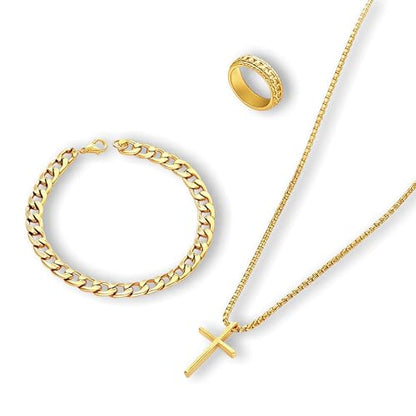 3-Piece Cross Pendant Necklaces Bracelets Rings Jewelry Sets for Men Women,Cuban Chain Bangle,Adjustable Box Link,Religious Charm,Fashion Jewelry Accessories for Party Birthday Gifts - color: Gold