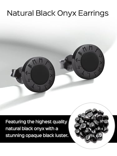 ChicSilver 925 Sterling Silver Viking Rune Natural Black Onyx Stud Earrings For Women Men - style: B: Front Runes-Black