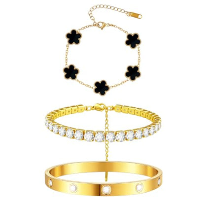 Gold Stackable Bracelets for Women 18K Gold Plated Floral Bracelet, Stainless Steel Bangle Bracelets Trendy Jewelry as Gifts for Women - style: Black