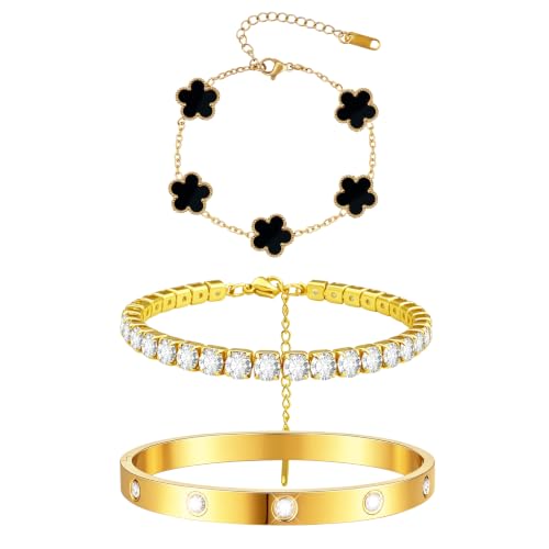 Gold Stackable Bracelets for Women 18K Gold Plated Floral Bracelet, Stainless Steel Bangle Bracelets Trendy Jewelry as Gifts for Women - style: Black