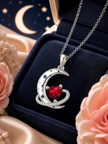 Birthstone Necklace for Women White Gold Moon and Star Pendant Moon Jewelry Anniversary Birthday Gifts for Mom Wife Her - color: 01. January - Garnet