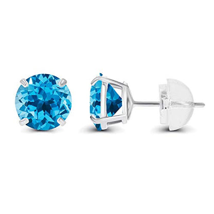 Solid 14K Yellow, White or Rose Gold 4mm Round Genuine Gemstone Birthstone Prong Set Stud Earrings For Women - color: Blue Topaz-Swiss Blue Topaz