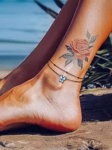 Richsteel Double Layer Heart/Butterfly Birthstone Anklet for Women | Non Tarnish Waterproof, Silver/Gold/Black Stainless Steel 8.5-10.5 Inch Adjustable Chain Anklets Summer Beach Foot Jewelry - color: Black Butterfly-03 Mar.(Aquamarine)