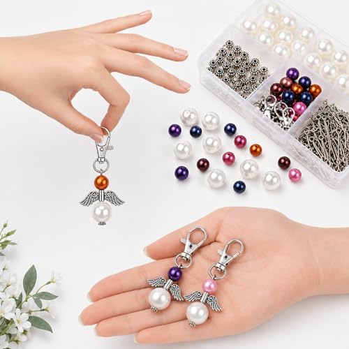 Metacipher 180Pcs DIY Angel Keychain Making Kit with Beads and Pliers ﻿ | Angel Wing Spacers,Pearl Beads,Lobster Clasps,DIY Bag Charm, Jewelry Making Supplies,Party Favor,Crafts for Women - color: White Pearl
