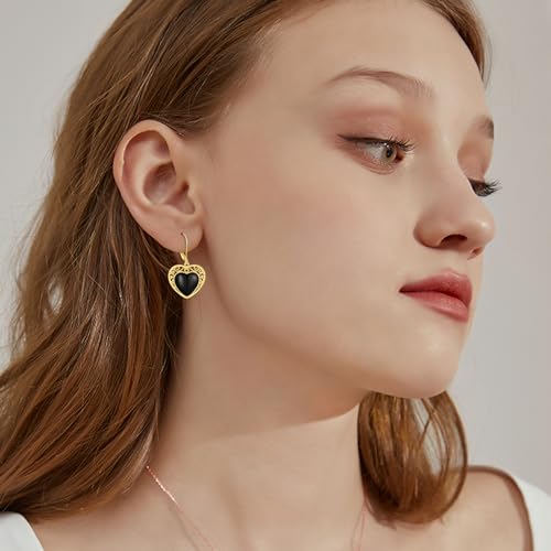Sterling Silver Black Onyx Earrings for Women 18K Yellow Gold Plated Jewelry Gifts - style: Filigree Heart