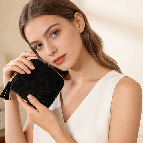 Women's Coin Purses Velvet Mini Travel Jewelry Case Bag with Tassel - color: A-Black