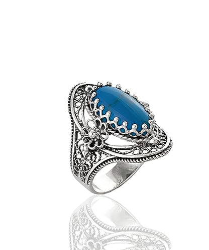 Filigranist 925 Sterling Silver Handcrafted Filigree Art Flower Pattern Woman Oval Statement Ring, Gift Boxed - color: Turquoise