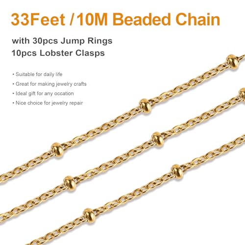 10M Beaded Cable Link Chains for Jewelry Making Stainless Jewelry Findings | PVD Gold Plated Stainless Steel Chains Bulk with Lobster Clasps for Handcrafts DIY Jewelry Making Supplies - color: Cross Bead Gold