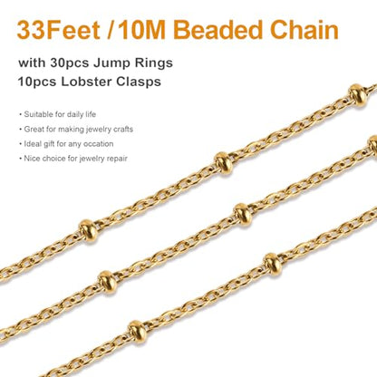 10M Beaded Cable Link Chains for Jewelry Making Stainless Jewelry Findings | PVD Gold Plated Stainless Steel Chains Bulk with Lobster Clasps for Handcrafts DIY Jewelry Making Supplies - color: Cross Bead Gold