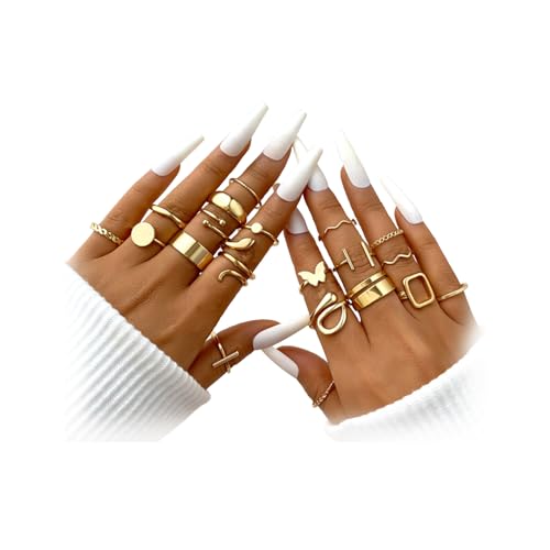 Gold Plated Knuckle Rings Set For Women,Vintage Stackable Joint Finger Midi Rings Dainty Simple Twist Hollow Rings Pack,Aesthetic Adjustable Y2K Punk Stacking Rings Jewelry Accessories - style: 20Pcs B-Gold