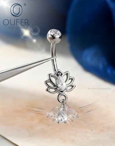 OUFER Hypoallergenic Dangle Belly Button Rings, 14g Surgical Steel Belly Rings for Women, Lotus Navel Rings, Dangle Navel Piercing Jewelry