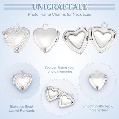 UNICRAFTALE Stainless Steel Memory Locket Pendants Heart Floating Locket Pendants Flat Round Living Memory Pendant Photo Frame Lockets Pendant for DIY Necklaces Jewelry Making - style: Heart