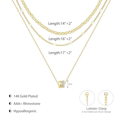 OGD Layered CZ Rondelle Pendant Necklaces for Women, 14K Gold Plated Trendy Mariner Chain Dainty Circle Rondelle Pendant Choker Necklace for Women Two-Toned Cubic Zirconia Gold Necklace - color: Gold Rondelle Layered-3PCS
