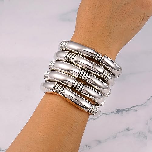 Gold Chunky Bangles Bracelets For Women 14k Gold Plated Stack Layered Curved Bamboo Tube Stretch Bracelets Gift Jewelry - color: 5pcs Silver
