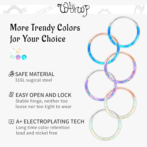 WBRWP 316L Stainless Steel Nose Hoop Rings Clicker with Zircon/Opal 14g-20g | Hypoallergenic Nose Rings Segment Clicker Lip Rings Cartilage Rook Conch Earrings Diameter 5mm-10mm - color: Flat silver ring with blue opal -1pc pack