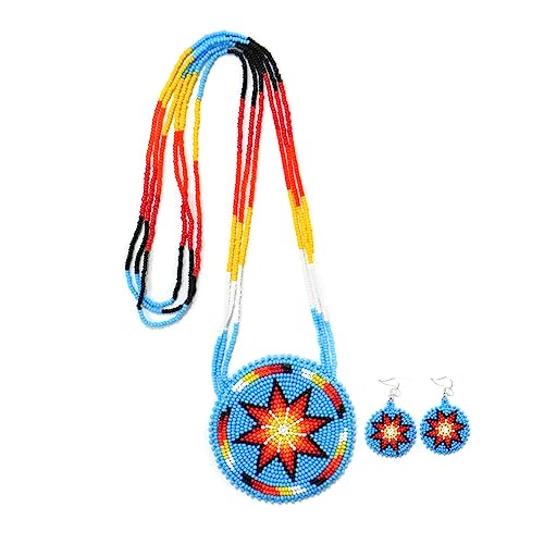 Handmade Native American Style Tribal ethnic Seed Bead Beaded Layered Medallion Necklace - color: Morning Star - Skyblue