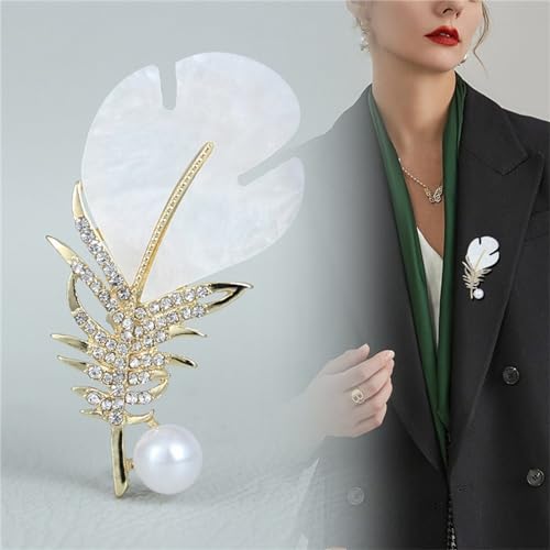 Rhinestone Feather Leaf Brooch Pin for Men Women Gold Silver Plated Elegant Delicate Leaves Hat Bag Suit Tie Crystal Pearl Lapel Brooches for Mother's Day Birthday Wedding Fashion Jewelry Gifts - color: Gold