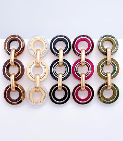 Ozel - Natural Wooden Acrylic Boho Drop Dangle Earrings for Women - Geometric Statement Jewellery - Brown, Black, Magent Red, Olive Green, White beige - color: 3Circle_Magenta