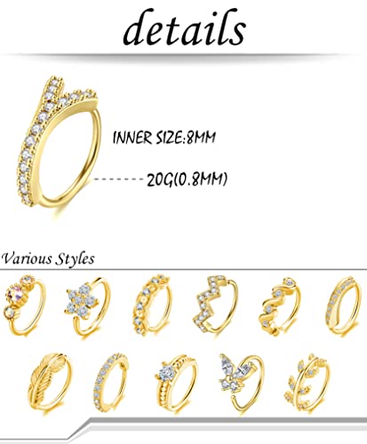 Akeoqi 12Pcs Nose Ring Hoop Cartilage Earring Cute Leaf Star CZ Butterfly Paved Nose Piercing Jewelry for Women men Silver Gold Plated 20G - color: B:Gold2