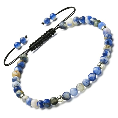Natural Stone&925 Sterling Silver/18K Gold Anklet,│4MM│9-12 in│, Hand Woven, Adjustable Size - color: Bluepoint Stone