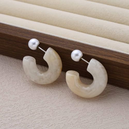 Chunky Acrylic Hoop Earrings White Resin Open Circle Hoop Earrings Round Pearl Studs Thick Acrylic C Shape Earring Pearl Front Back Earring Jewelry for Women - color: White
