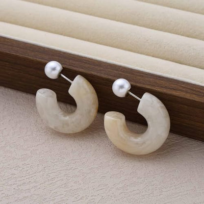Chunky Acrylic Hoop Earrings White Resin Open Circle Hoop Earrings Round Pearl Studs Thick Acrylic C Shape Earring Pearl Front Back Earring Jewelry for Women - color: White