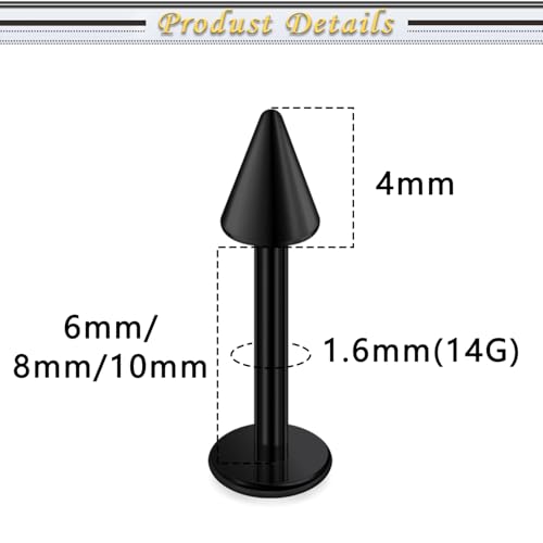 Internally Threaded Labret Studs 18G 16G 14G Surgical Steel Lip Piercing Jewelry with Claw Tool Monroe Snake Bite Jewelry Flat Back Barbell for Women Men Plus Piercing Ball Grabber Tool - color: black, size: 14g,spike end