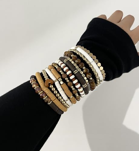 iF YOU 13pcs Boho Brown Gold Beaded Stretch Bracelets for Women, Heishi Clay Surfer Stackable Bracelet Stacks Summer Beach Jewelry - style: White & Brown Clay Bracelets