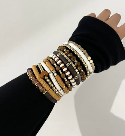 iF YOU 13pcs Boho Brown Gold Beaded Stretch Bracelets for Women, Heishi Clay Surfer Stackable Bracelet Stacks Summer Beach Jewelry - style: White & Brown Clay Bracelets