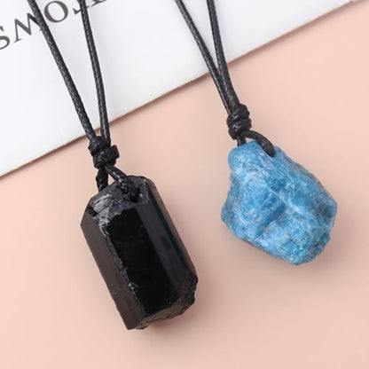 Natural Raw Crystal Necklace for Women Irregular Stone Necklaces Spiritual Gemstone Pendant with Adjustable Rope - color: E-Black Tourmaline+Blue apatite
