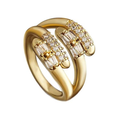 Adjustable 18K Gold Plated Open Bands Engagement Promise Ring for Women,Fashion Wrap Finger Cubic Zirconia Statement Cocktail Jewelry Gift (White) - color: white