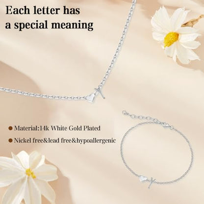Gold Bracelets For Women Heart Initial Letter Pendant Necklace and Bracelet Set Personalized Jewelry Sets for Women Birthday Gifts for Mom Her Daughter Initial Necklace 14K Silver Plated - style: Silver-Y