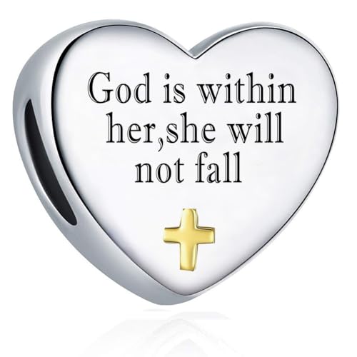 Cross Heart Charm for Pandora Bracelets Christian Bible Verse Charms Prayer Faith Religious Gifts for Women - style: God is within her,she will not fall Psalm 46:5