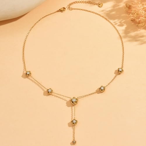 Dainty 18K Gold Plated Lariat Necklace for Women Delicate Y Chain Rose Pearl Diamond Long Drop Necklace Layering Bridal Jewelry Gift - color: Rose-Gold