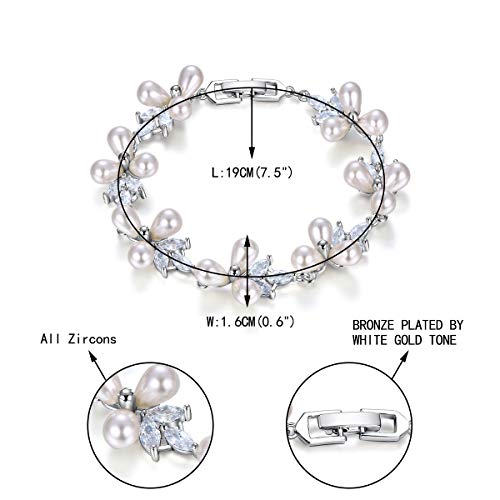EVER FAITH Cubic Zirconia Pearl Bridal Prom Tennis Bracelet for Women | Elegant Pear CZ Wedding Jewelry Gift, for Bride Bridesmaid - style: Leaf_Silver-Plated-Brass