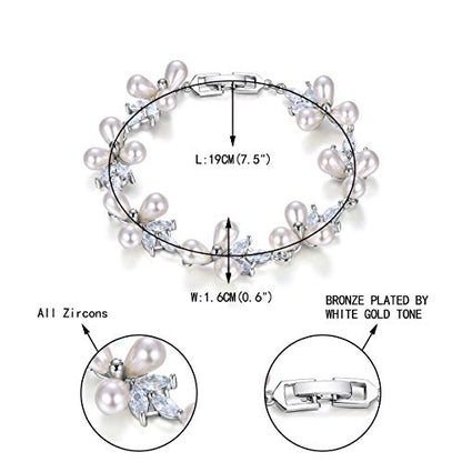 EVER FAITH Cubic Zirconia Pearl Bridal Prom Tennis Bracelet for Women | Elegant Pear CZ Wedding Jewelry Gift, for Bride Bridesmaid - style: Leaf_Silver-Plated-Brass