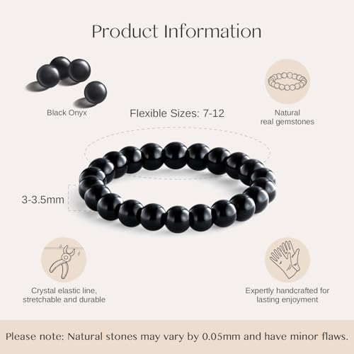 NLIEO Handmade Natural Gemstone Crystal Beaded Stretch Band Ring for Women | Handmade, 3mm Natural Stone, Size 7-12, Stretchy, Beaded Jewelry, Green Bead Rings, Trendy Jewelry Gift - style: Black Onyx