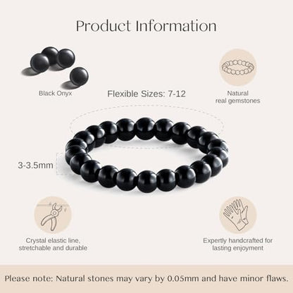 NLIEO Handmade Natural Gemstone Crystal Beaded Stretch Band Ring for Women | Handmade, 3mm Natural Stone, Size 7-12, Stretchy, Beaded Jewelry, Green Bead Rings, Trendy Jewelry Gift - style: Black Onyx