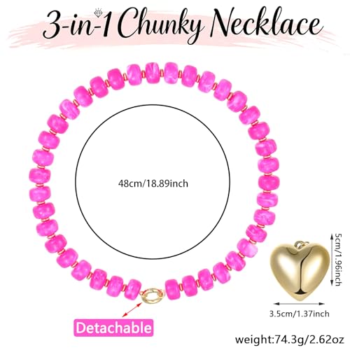 Chunky Heart Necklaces for Women Colorful Resin Beaded Necklaces for Women Gold Puffy Heart Statement Necklace Trendy Acrylic Choker Jewelry Gift - color: B-Rose red