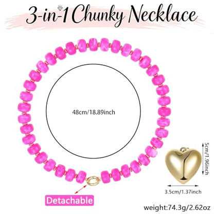 Chunky Heart Necklaces for Women Colorful Resin Beaded Necklaces for Women Gold Puffy Heart Statement Necklace Trendy Acrylic Choker Jewelry Gift - color: B-Rose red