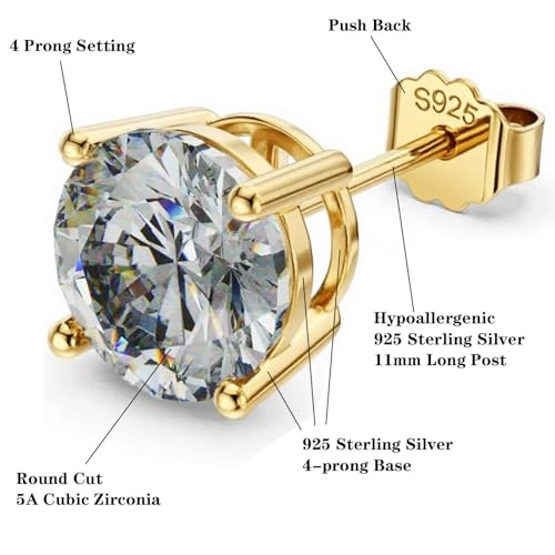 925 Sterling Silver Cubic Zirconia Studs Earrings for Women Men - Hypoallergenic 14K White Gold Plated 5/6/7/8mm Clear Round Cut CZ Studs Earrings - color: Gold 4 Prong, size: 6mm
