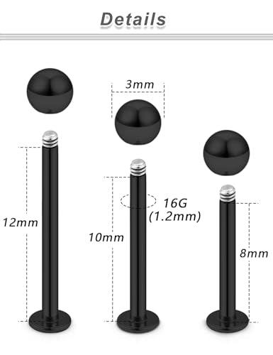 20G 18G 16G 14G 12G Lip Labret Medusa Monroe Rings Studs 316L Surgical Steel Flat Back Tragus Helix Cartilage Earring Stud Piercing Jewelry Bar Length 8mm 10mm 12mm Mix Color 18PCS - color: Black, size: 16G(1.2mm)-8/10/12mm Bars-3mm Balls