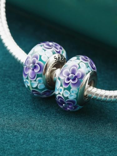 2pcs Authentic 925 Silver Murano Glass Flower Charms for Pandora Bracelets - color: 01-Purple flowers