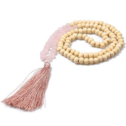 8MM Semi-Precious Gem Stones Wood Mala Bead Necklace | Multicolor Long Tassel Charms Chain Necklace,Handmade Beaded Pendant Necklace for Women Men - color: Wooden+Rose Quartz