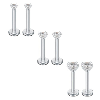 SCERRING 16G Lip Rings Clear CZ Labret Monroe Lip Ring Tragus Nail Helix Earring Stud Piercing Jewelry Bar Length 6mm 8mm 10mm - style: 6PCS - 6mm Silver